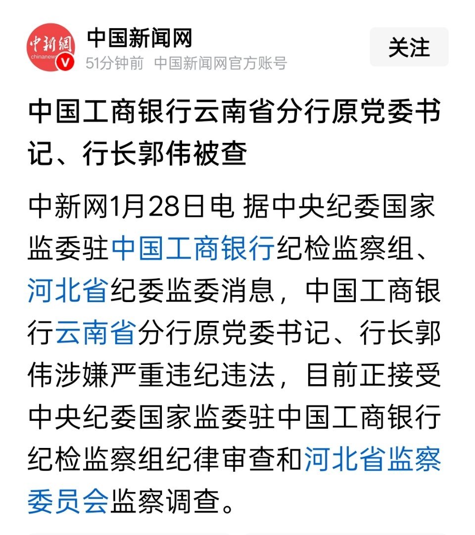 中国工商银行云南省分行行长郭伟被查 