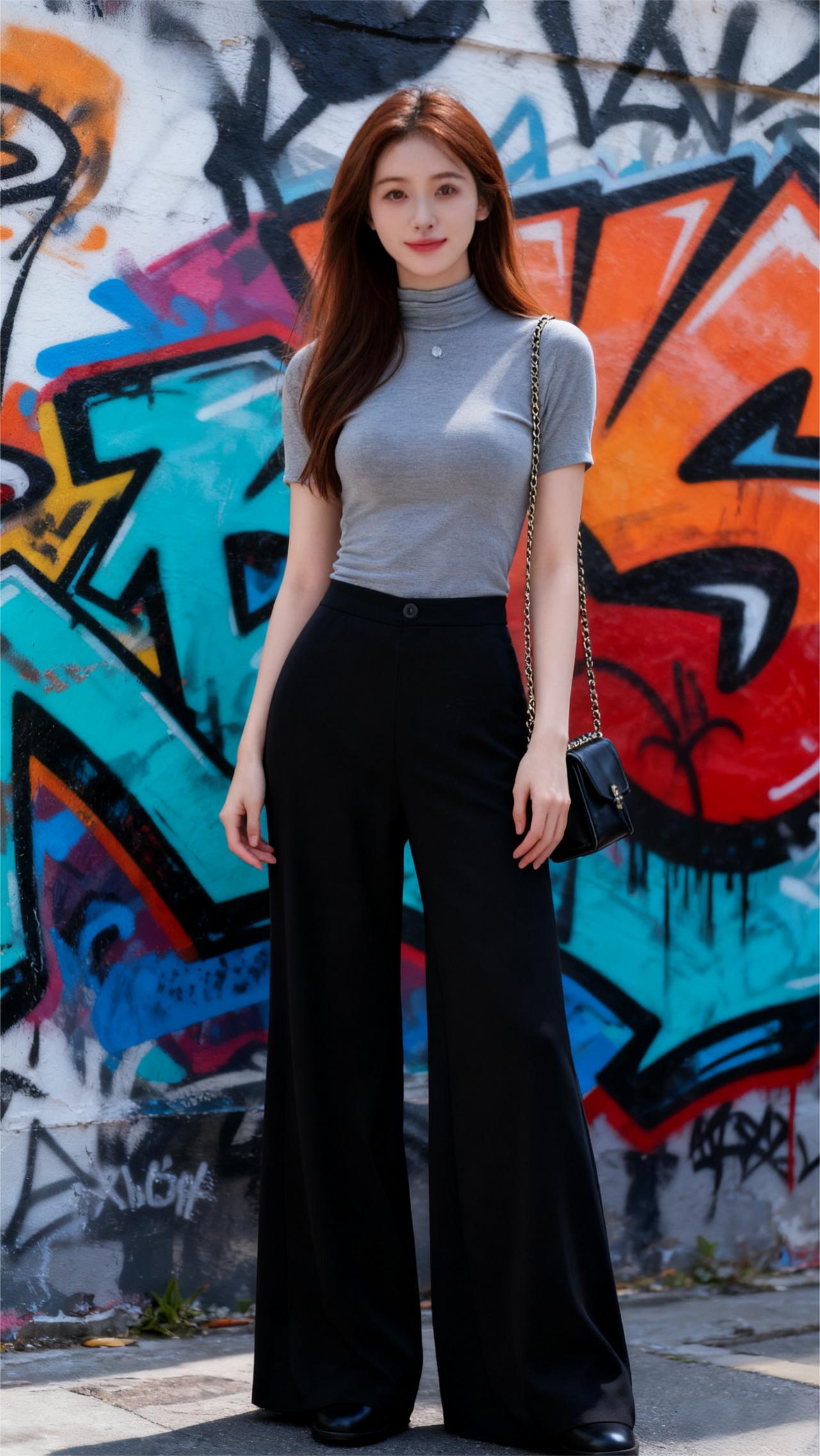 “灰衫黑裤衬娇姿，绿意丛中笑若诗。”