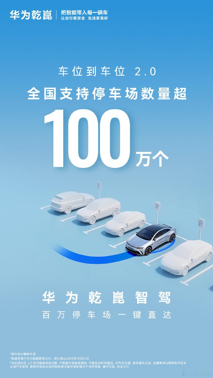 华为乾崑智驾一个新的里程碑。车位到车位功能，全国支持的停车场数量，已经突破 10