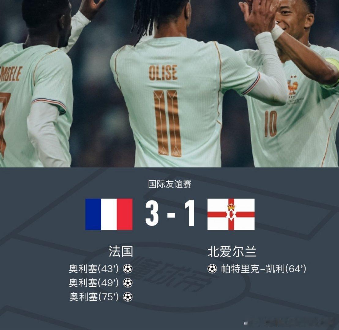 法国3-1北爱尔兰，奥利塞戴帽，姆巴佩屡失良机+进球被吹，北京时间6月9日3:1