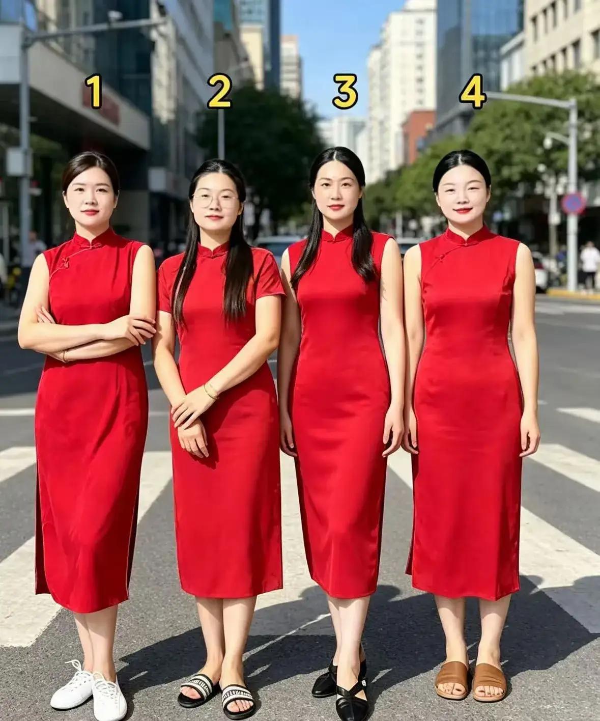 四位身着红装的美女，我觉得4号美女身形稍显丰腴，颇具福相，且上下身比例匀称。把她