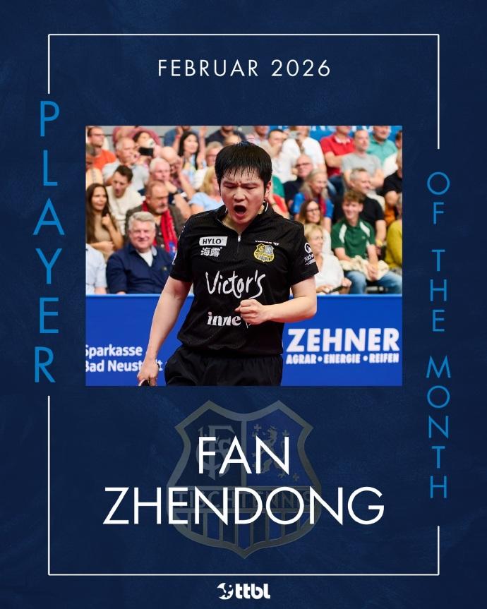 东哥又又又拿荣誉了！
樊振东成功当选德甲2026年2月月度最佳球员
还是高票碾压