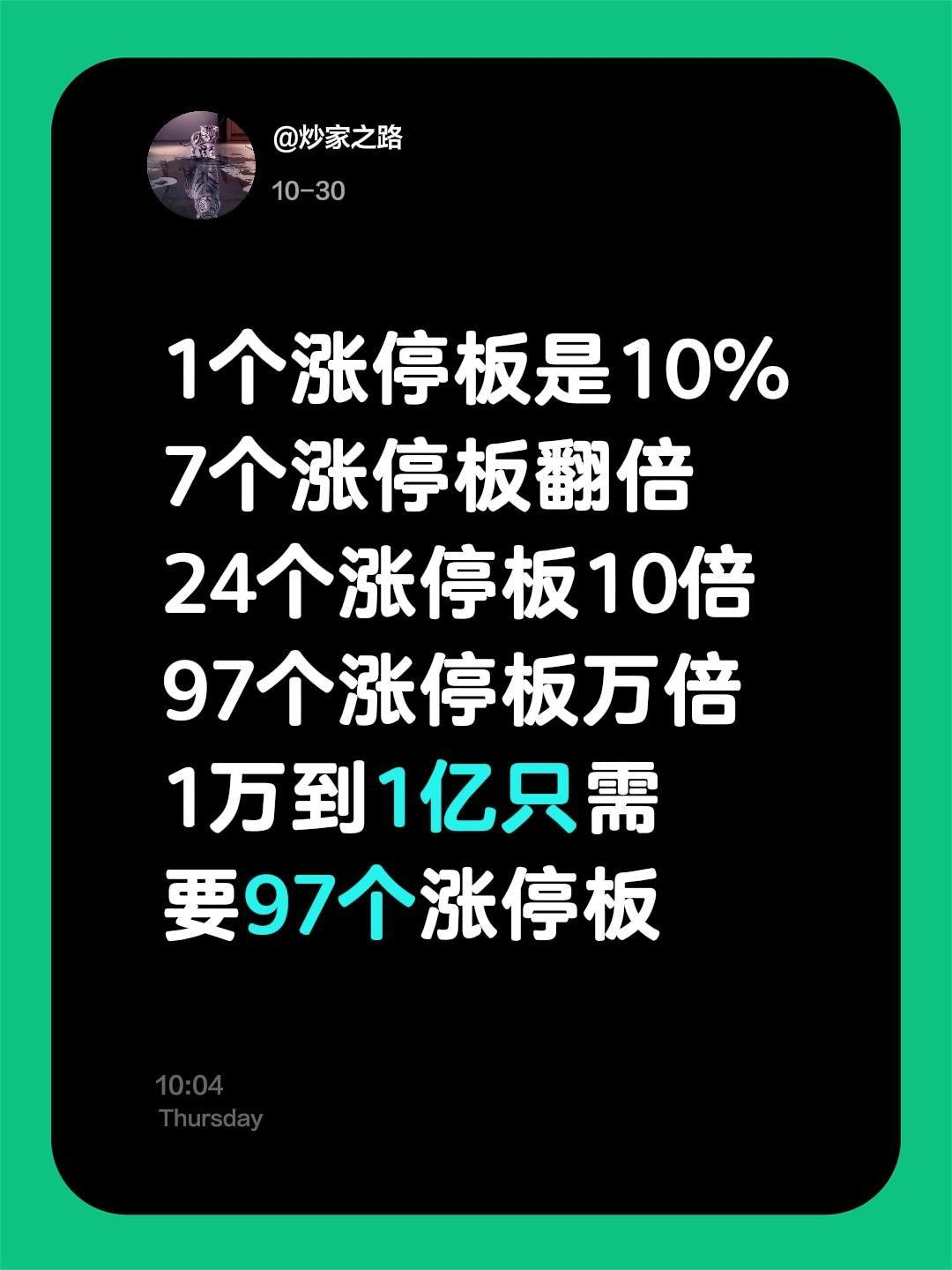 1个涨停板是10%
7个涨停板翻倍
24个涨停板10倍
97个涨停板万倍
1万到