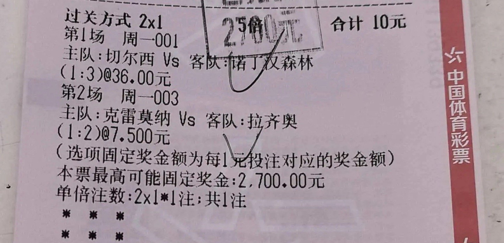 2串1比分票单！切尔西1-3诺丁汉森林+克雷莫纳1-2拉齐奥，这张10元彩票最高