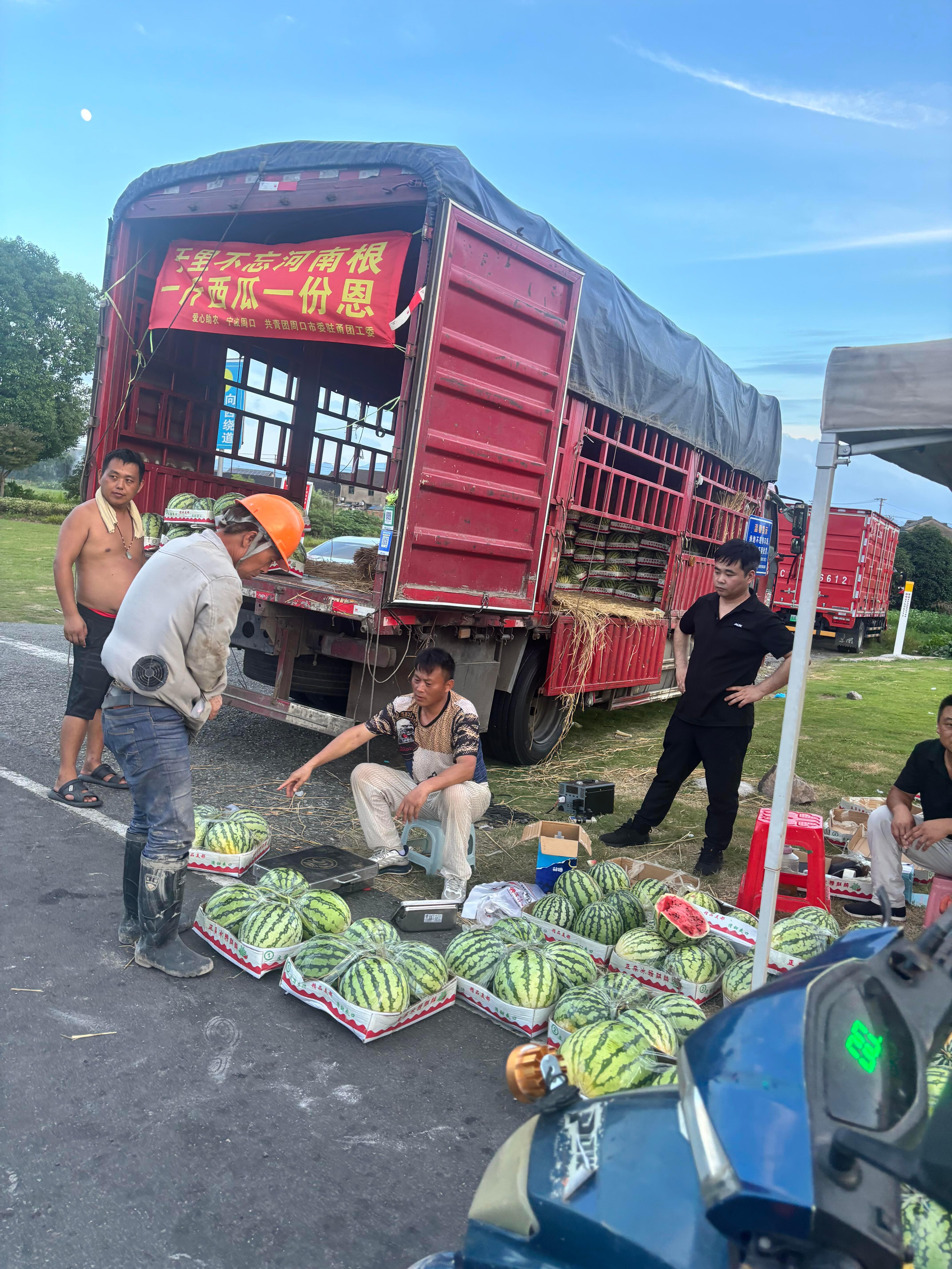 满满一卡车河南西瓜免费送劳动者暖心跨越两地！大家收购河南滞销西瓜运往聊城，整车瓜