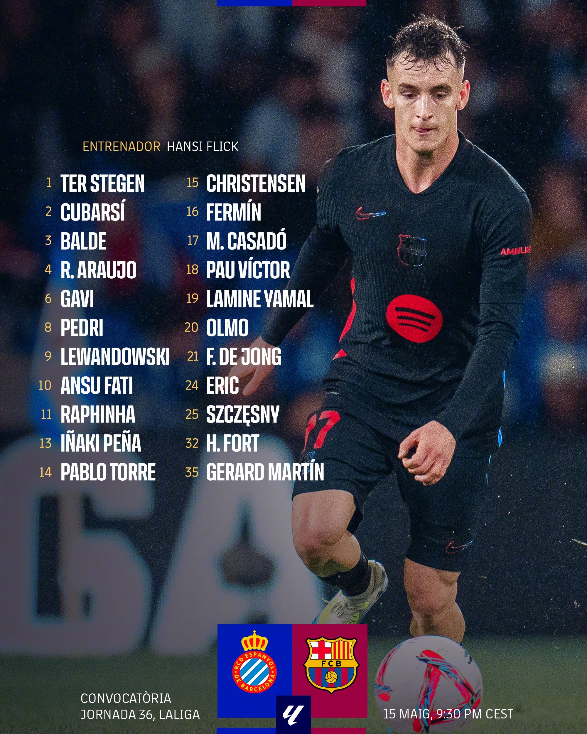 ⚽️ 西班牙人vs巴萨 大名单出炉🔥🔴 伊尼戈停赛，费兰因阑尾手术缺席👦 