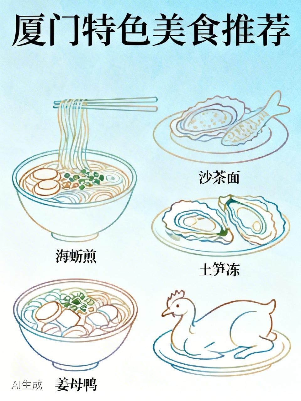 厦门特色美食有沙茶面、海蛎煎、土笋冻、姜母鸭等。