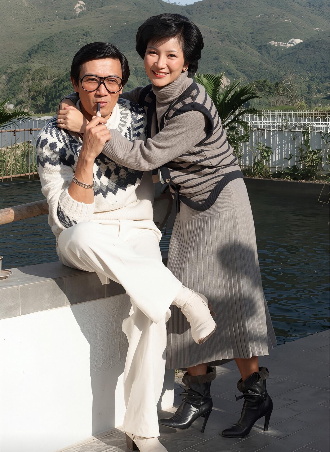 70年代，谢贤与狄波拉新婚，在海景别墅庭院，一张罕见的合影，彼时，二人刚刚成婚，