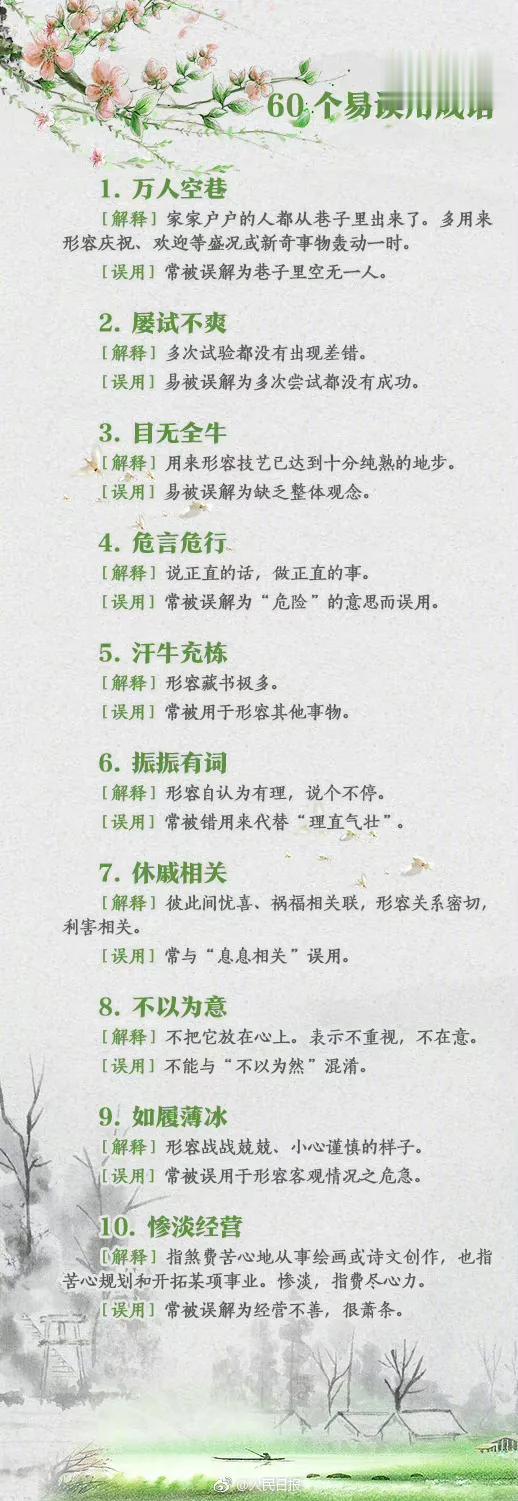 人民日报总结的常被误用、错写的成语汇总！