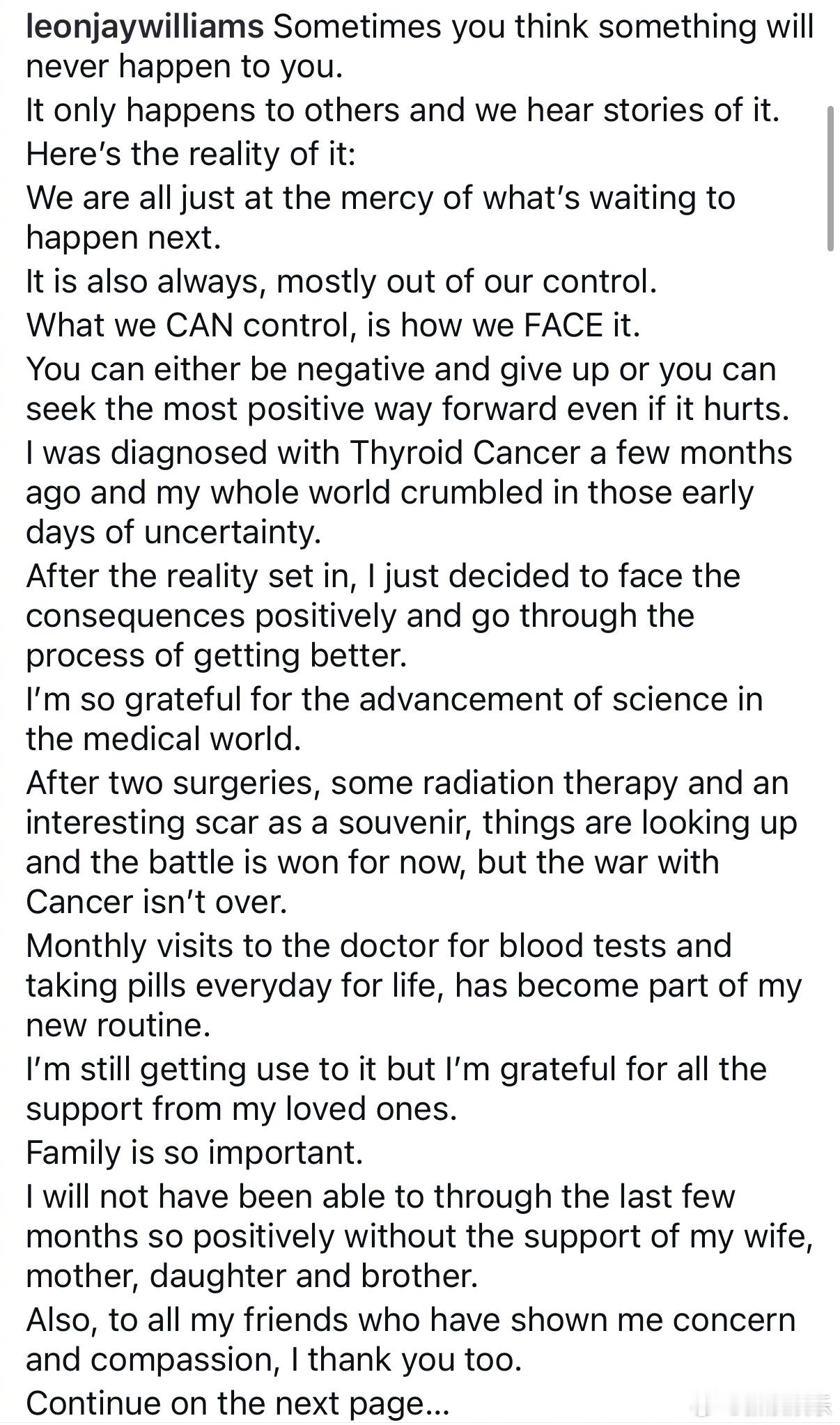 立威廉患甲状腺癌后首发文立威廉说要终身吃药 9日，患甲状腺癌后首度在社交平台发文