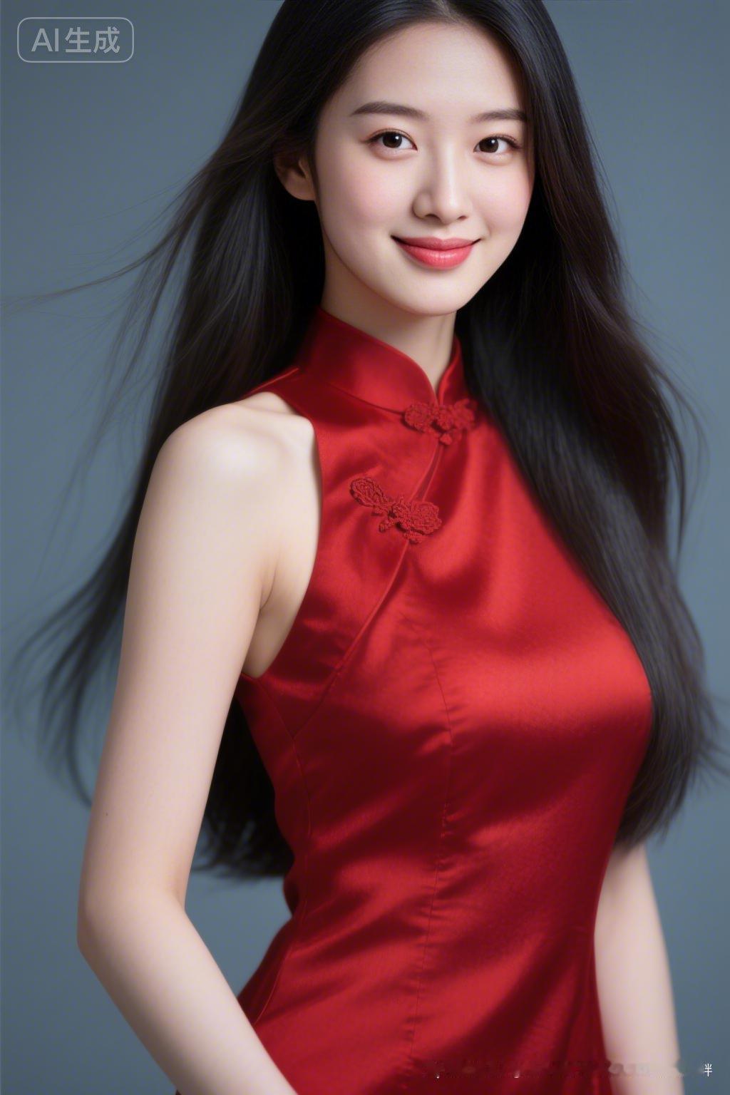 优雅红衣少女，甜美笑容动人