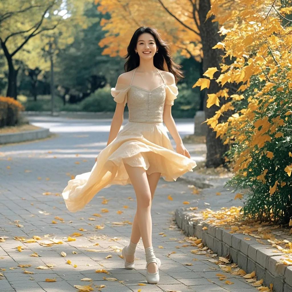 《有美人兮，笑对秋风》

有美人兮，漫步园间。纤姿窈窕，笑靥映于秋景；罗袂翩跹，