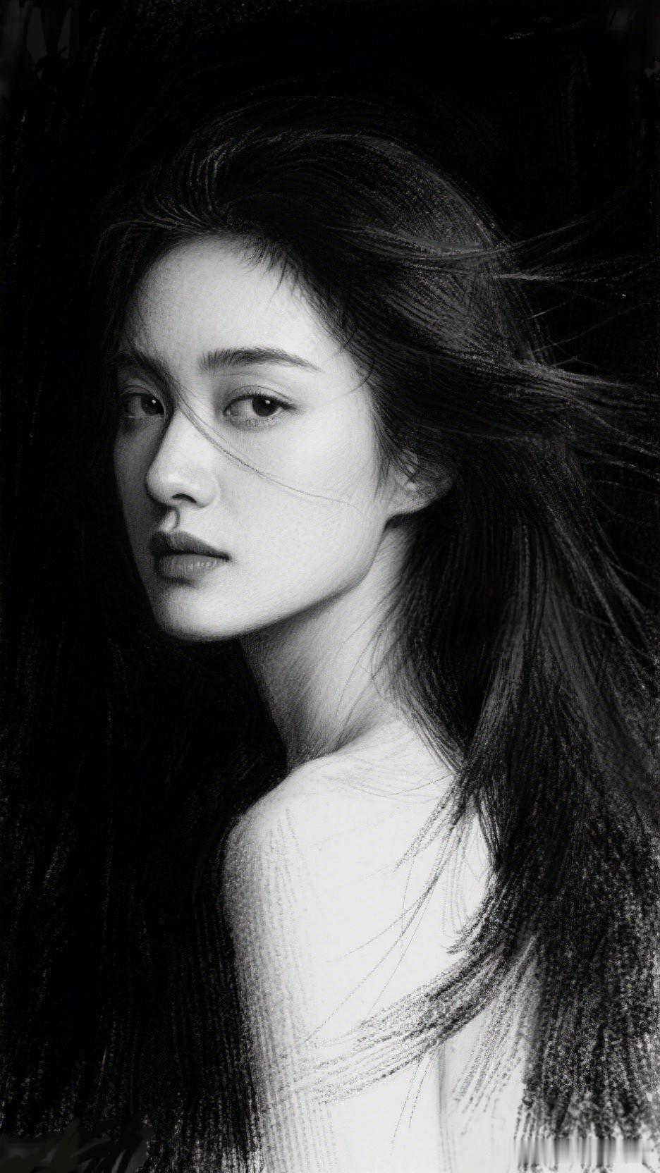 黑白色调下的少女，散发着神秘与优雅的气息。
