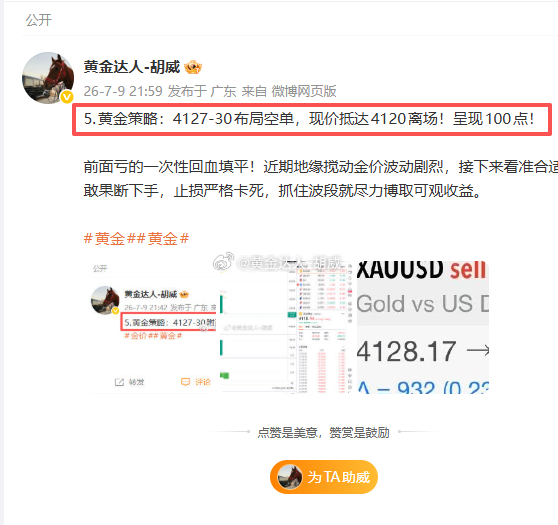 7月9日复盘总结：微博布局4战4连胜。战绩如下呈现250点！第一弹：黄金4075