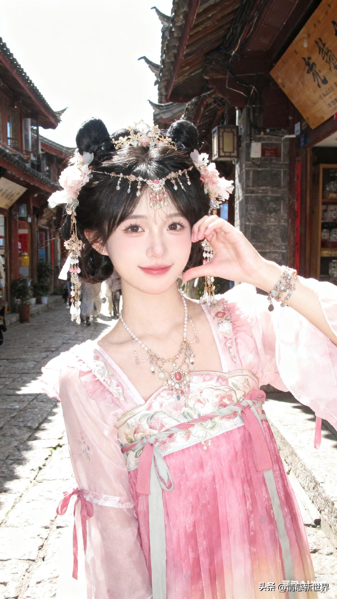 古风少女漫步在青石小巷，粉裙飘逸，花簪点缀，宛如画中人。古典红裙少女 少女古风拍