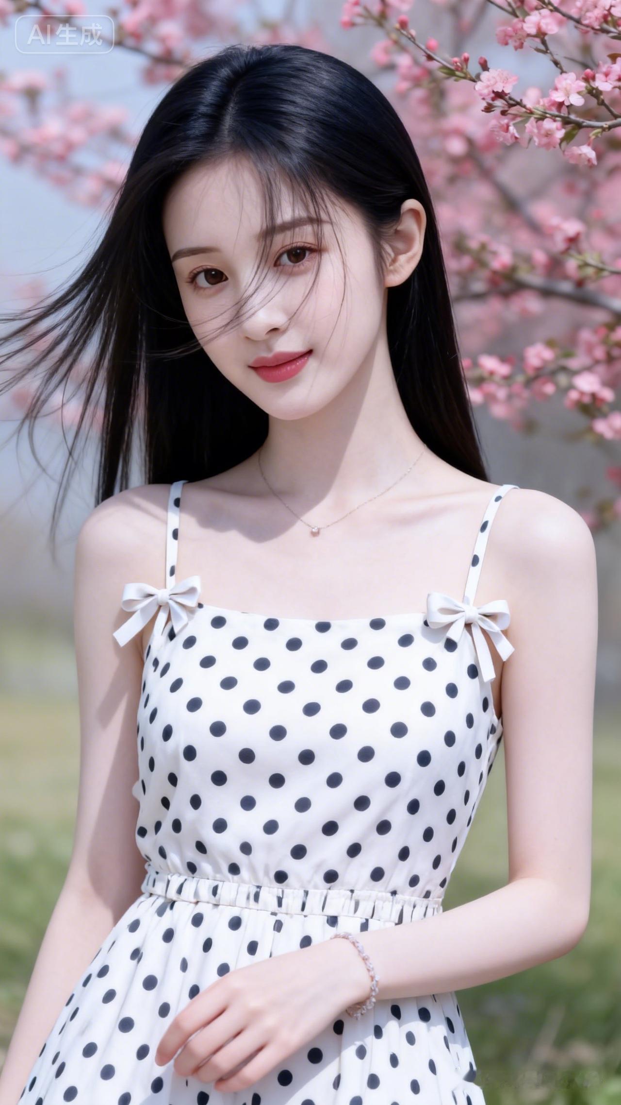 十九岁娇小少女，黑直柔顺长发刘海轻扬，波点吊带裙缀蝴蝶结收腰，冷白皮陶瓷嫩肌，侧