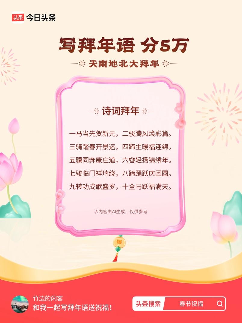 写拜年语送祝福新春拜年送祝福！我的祝福是：“一马当先贺新元，二骏腾风焕彩篇。三骑