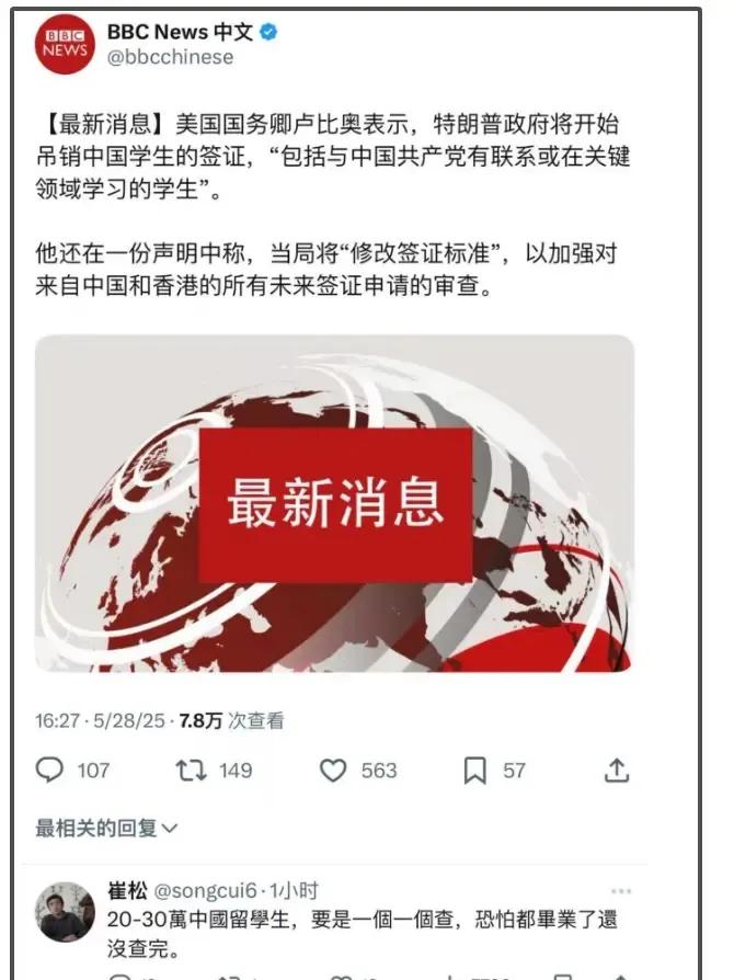 快讯！快讯！
美国国务卿鲁比奥5月27日突然放话，要吊销中国学生签证，特别是那些