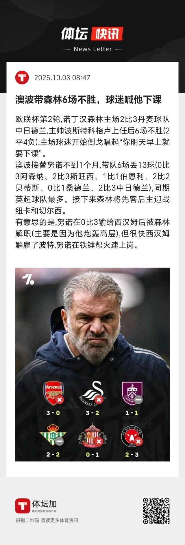 澳波接替努诺不到1个月，森林6场丢13球（0比3阿森纳、2比3斯旺西、1比1伯恩