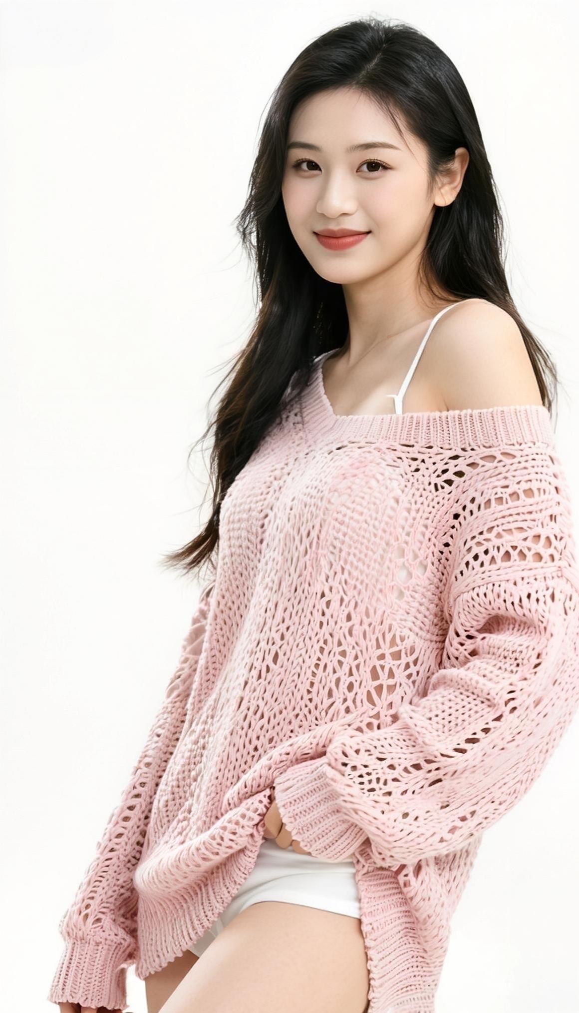 粉衫轻裹，乌发垂肩，不施粉黛，自有清欢。✨
娇艳养眼美女 
粉衫轻露半肩柔，
乌