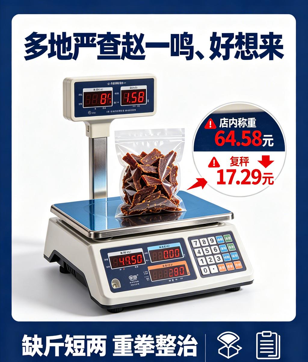 牛肉干店内称重 64.58 元，复秤后仅 17.29 元，差价翻近 4 倍。近期