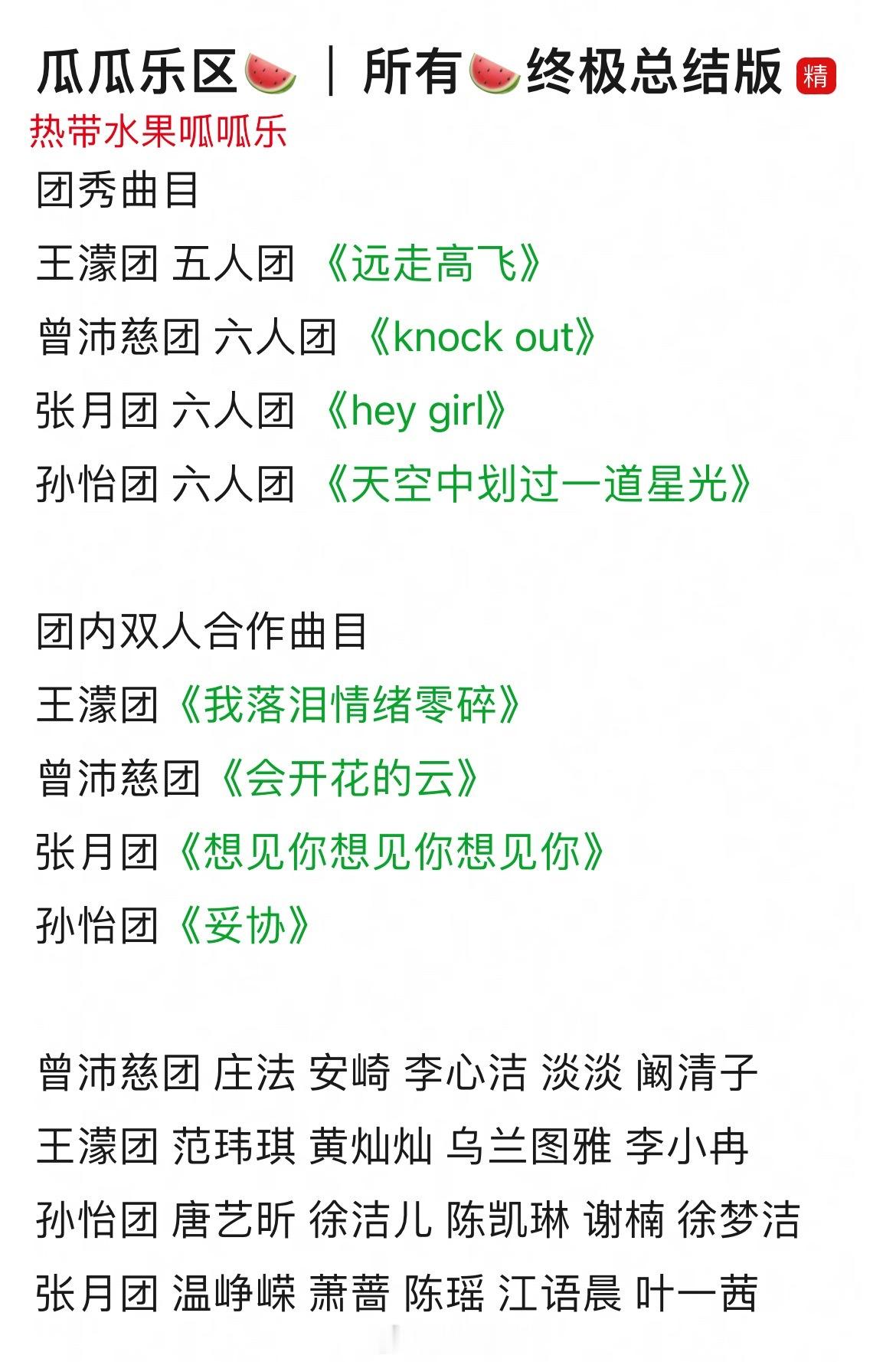 汇总合集组队：成团夜分组完整版张月团：陈瑶 温峥嵘 萧蔷 江语晨 叶一茜孙怡团：