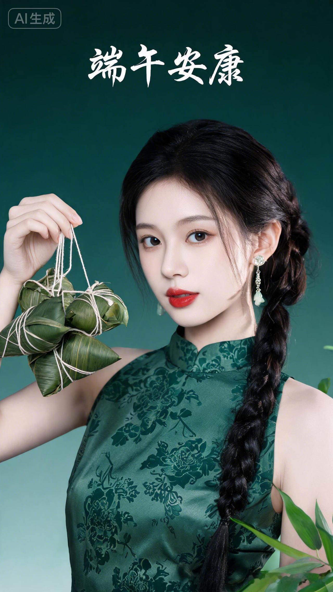 少女梳单侧麻花辫，身着墨绿暗纹无袖改良旗袍，红唇精致。手拎粽串，配精巧耳饰。墨绿