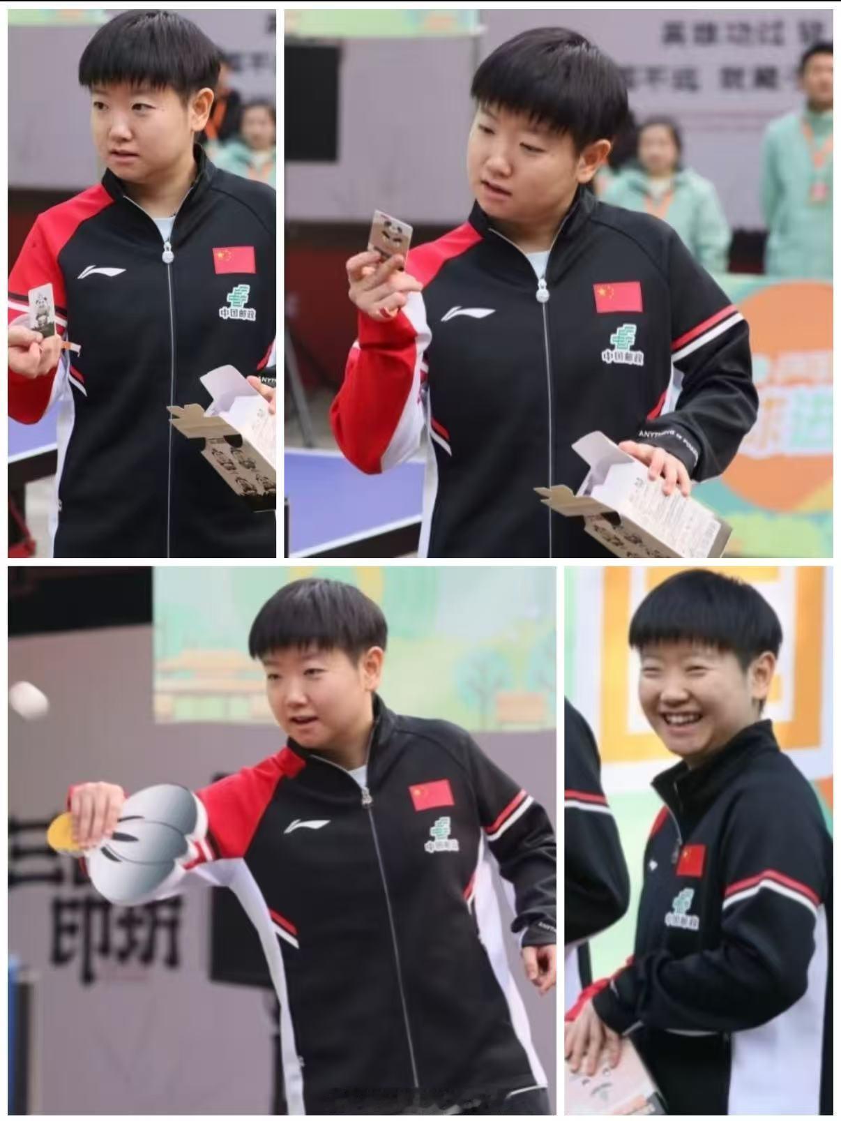 成都武侯祠国球进公园活动，孙颖莎持诸葛羽扇造型球拍对战市民，笑得眉眼弯弯好可爱，