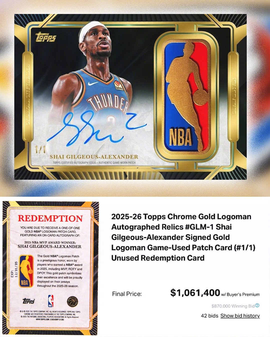 亚历山大这种1of1的Topps Gold Logoman拍出了106万美元的高