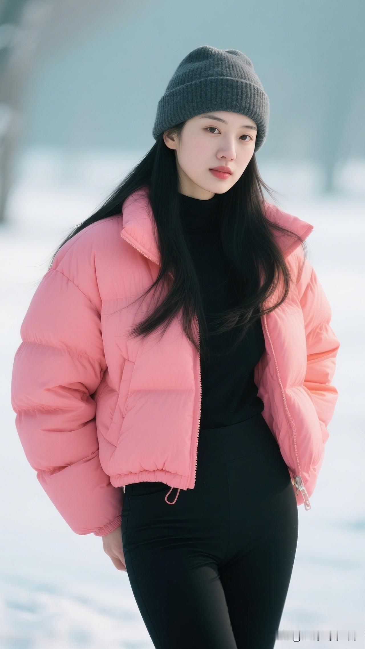 雪中美人立，粉衣映寒光。晒出美丽身影 冬日穿搭指南：粉色羽绒服+黑色打底，温暖又