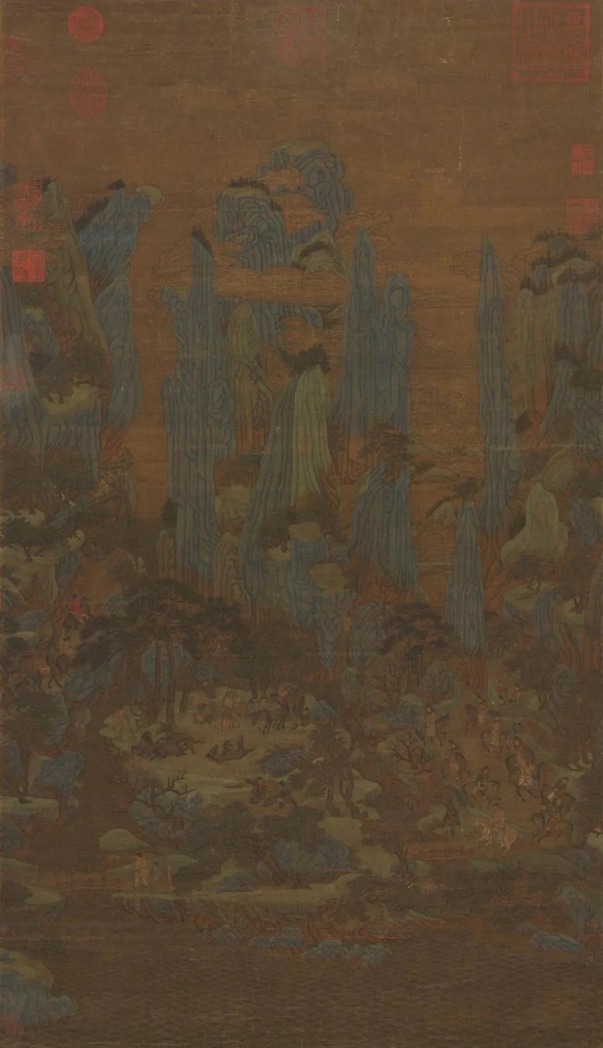 春山
1.李昭道《春山行旅图》，绢本设色，95.5×55.3cm。台北故宫博物院
