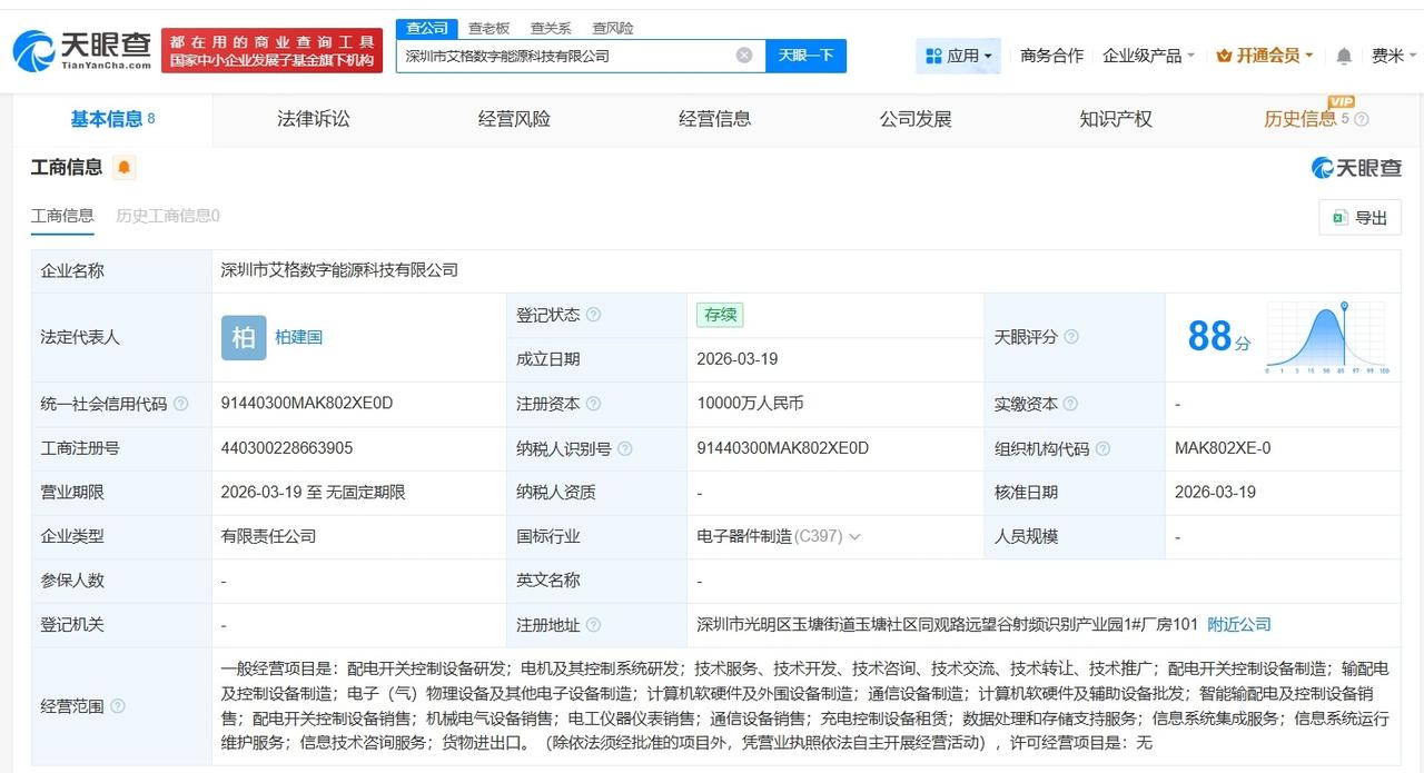 优优绿能等成立数字能源科技公司 注册资本1亿
天眼查App显示，3月19日，深圳
