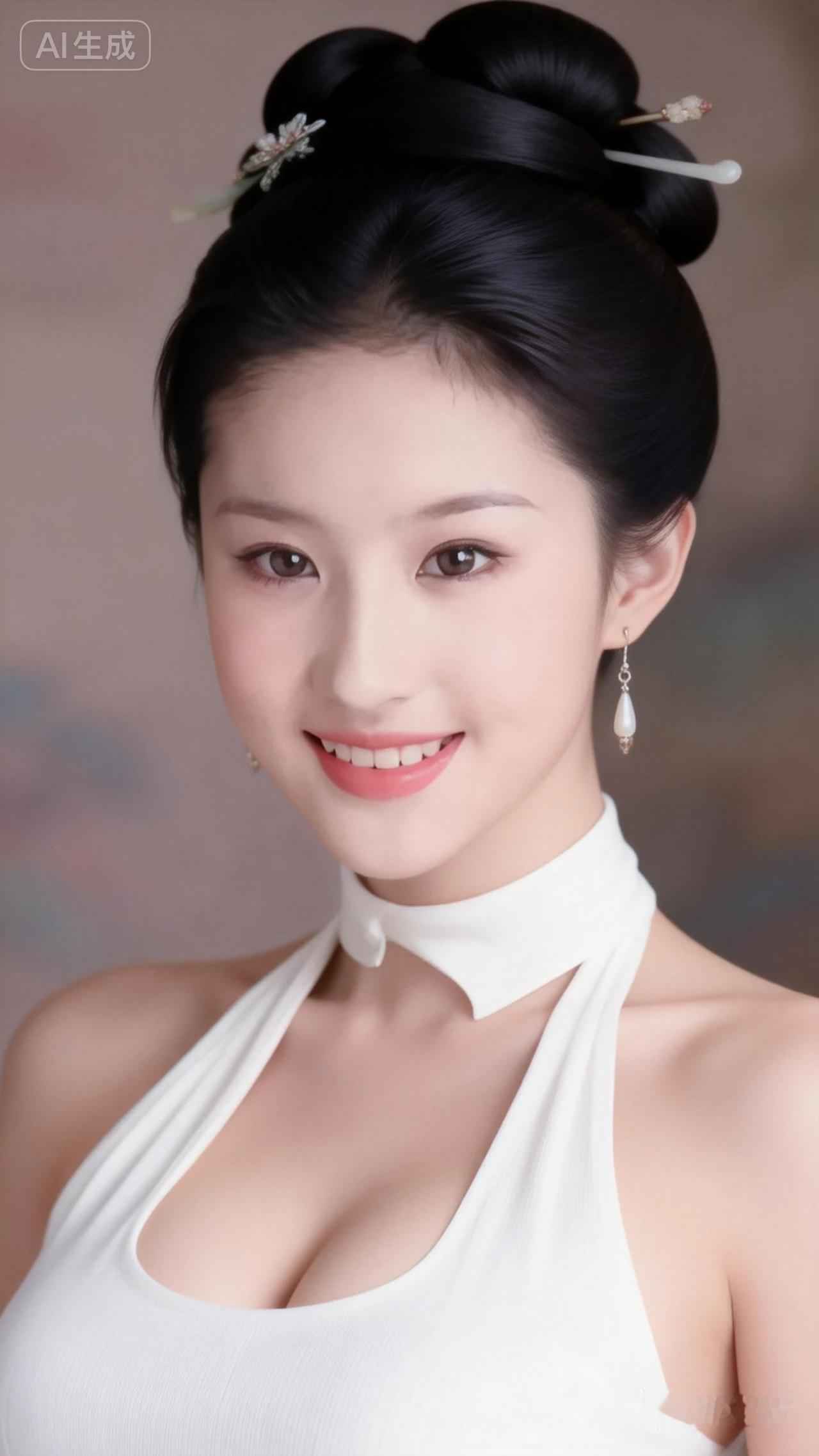 优雅黑发盘发，甜美笑容，时尚白色露肩装，尽显东方古典美！