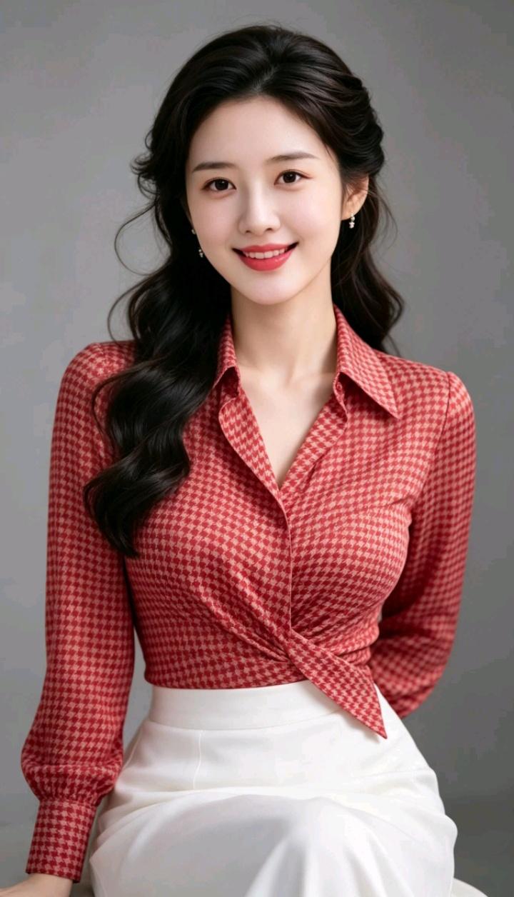 这位美女穿着红白格子衬衫，搭配白色裙子，微笑迷人。什么才是女性最美的优雅？ 黑裙