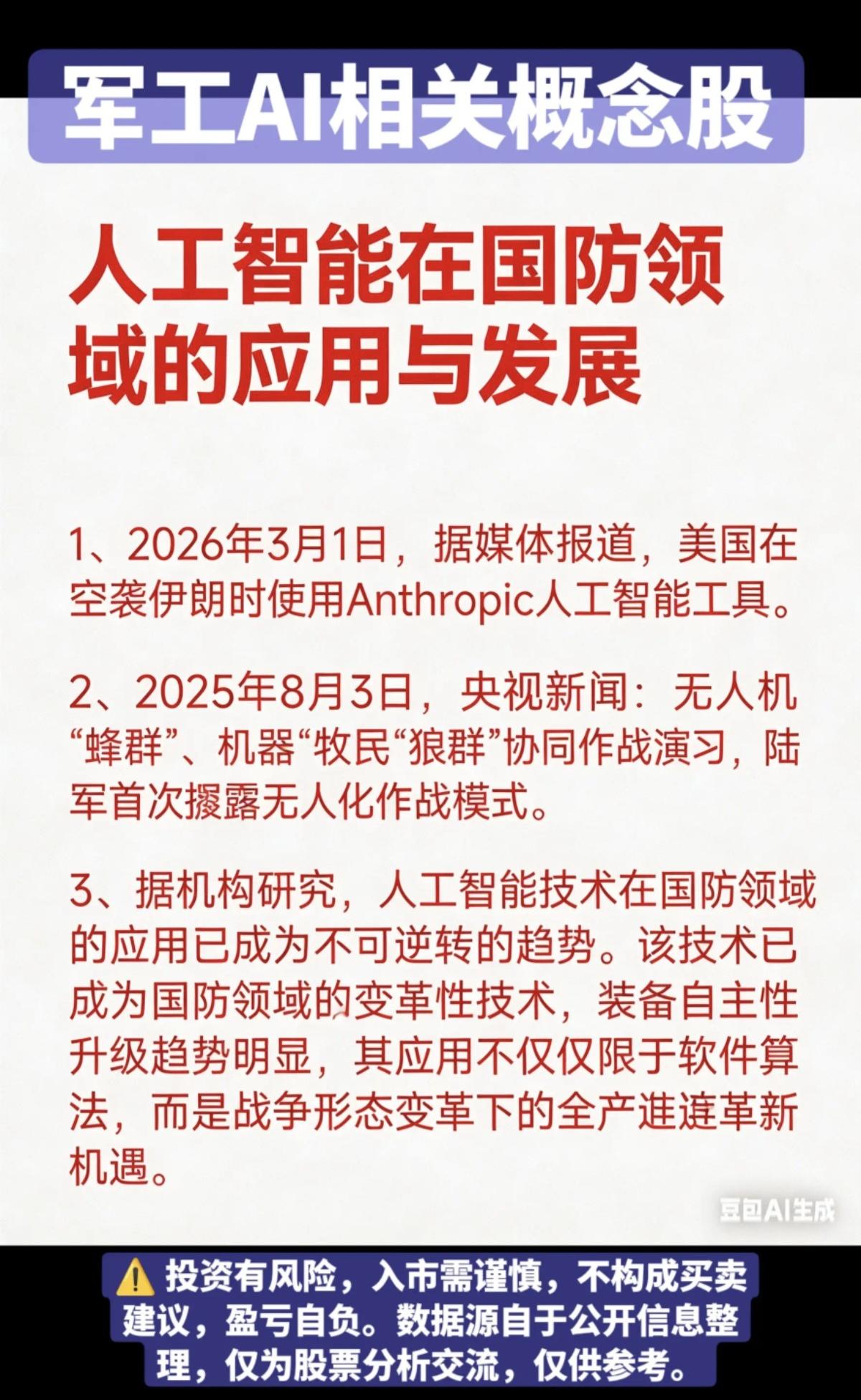 军工AI：相关概念股梳理！
人工智能AI在国防领域的应用与发展：

1.军事AI