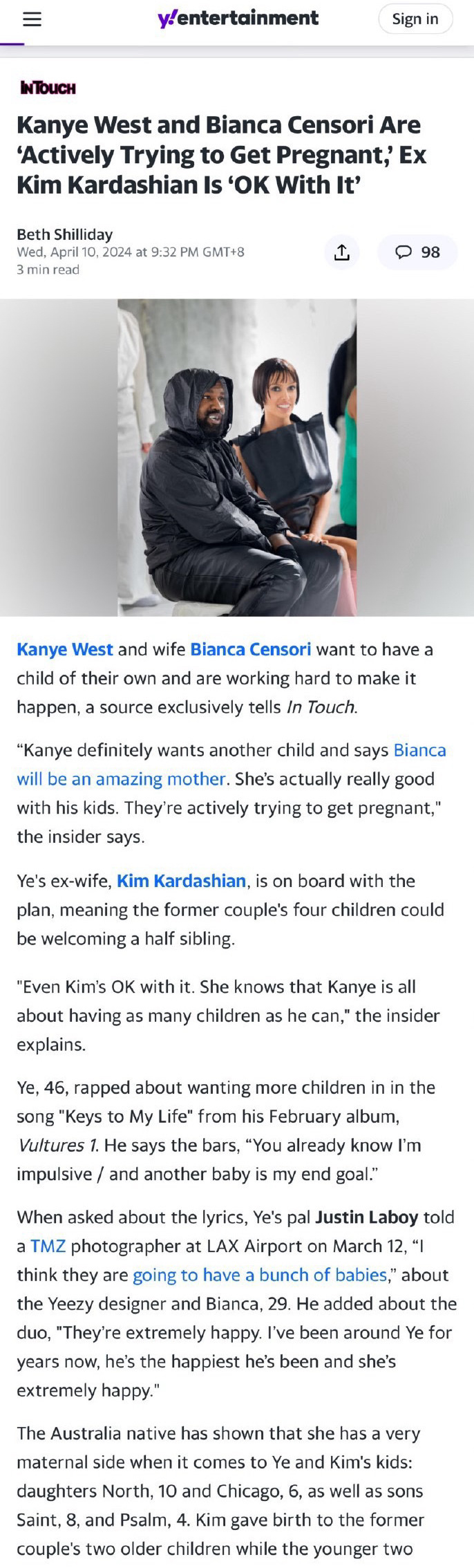 #侃爷和妻子正在尝试怀孕#外媒in touch消息，知情人士称Kanye Wes