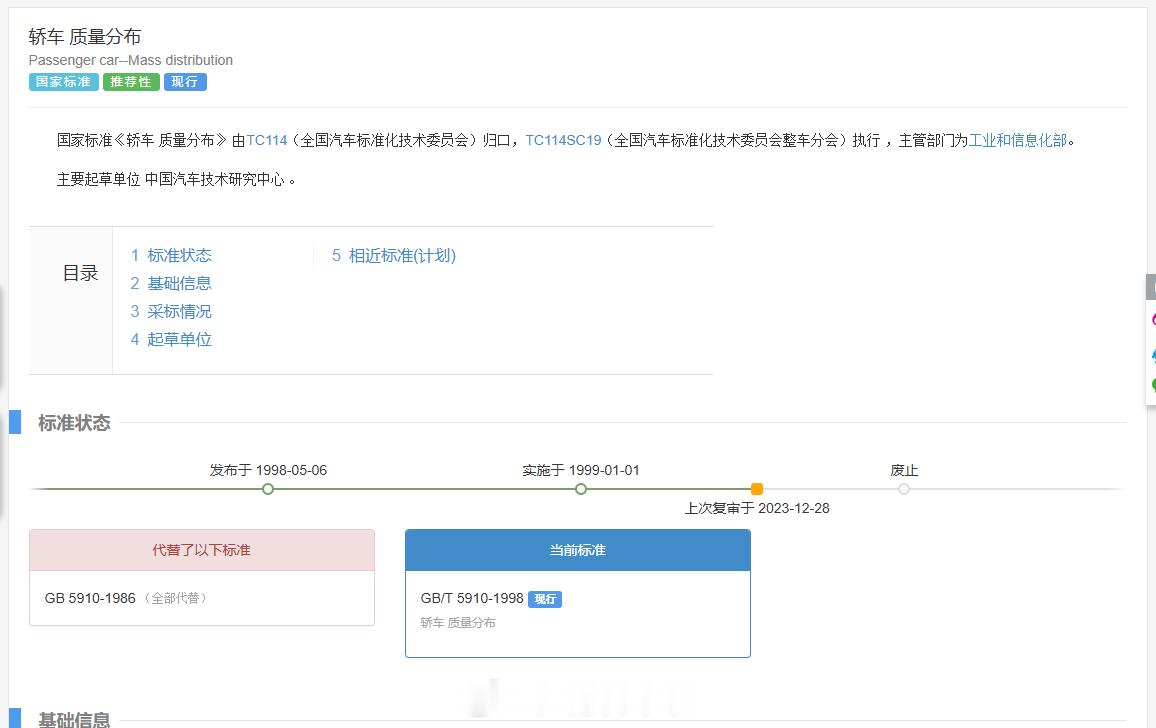 查资料无意中注意到，现行的推荐性国标《轿车质量分布》竟然还是1998年发布的……