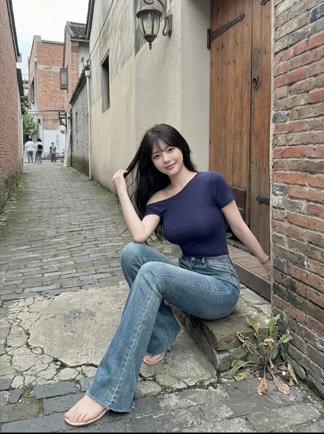 复古巷弄中的甜美少女，轻松自在，散发着青春气息。