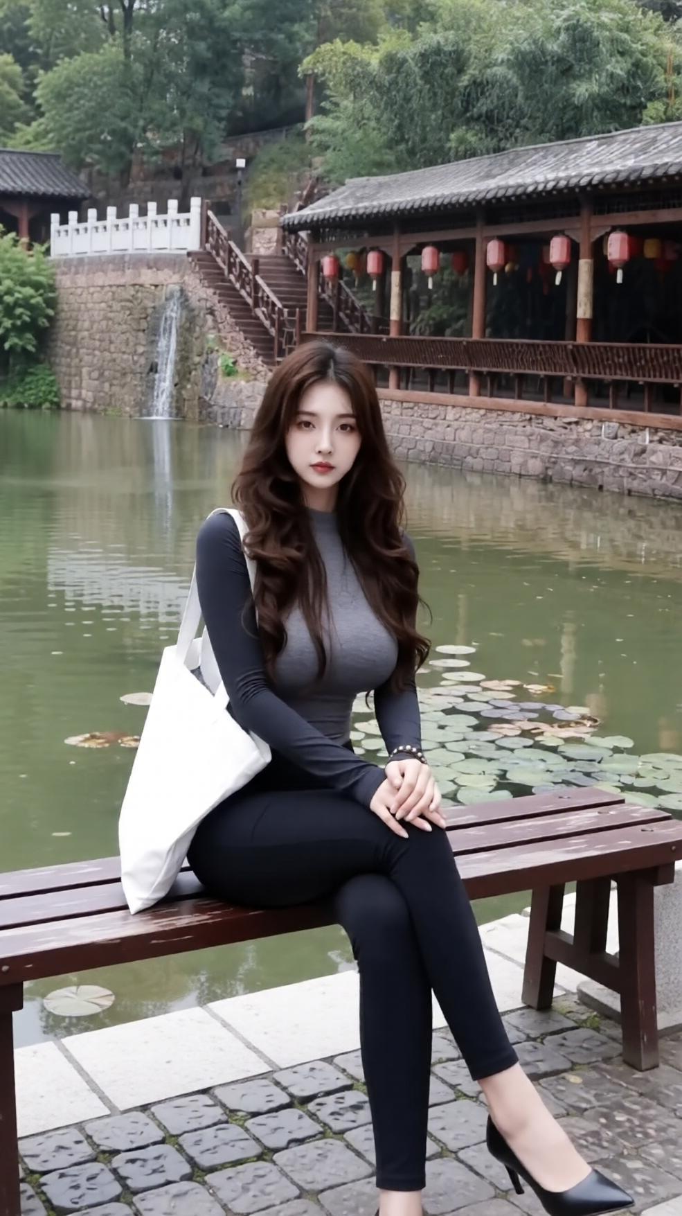 姑娘坐在湖边长椅上，风景真美！