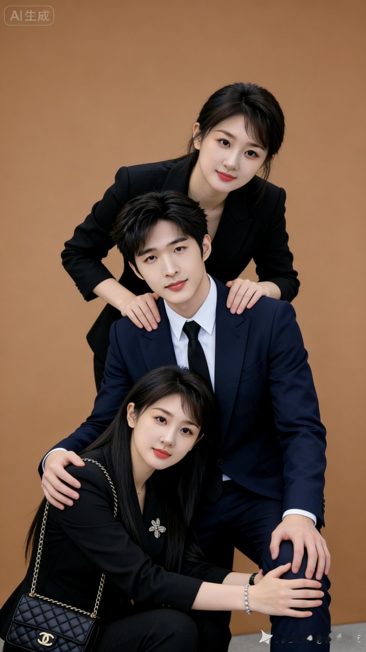 三个穿着正式的年轻人摆姿势拍照。那位女士符适作配偶，万分感谢见者意见，帮我作主