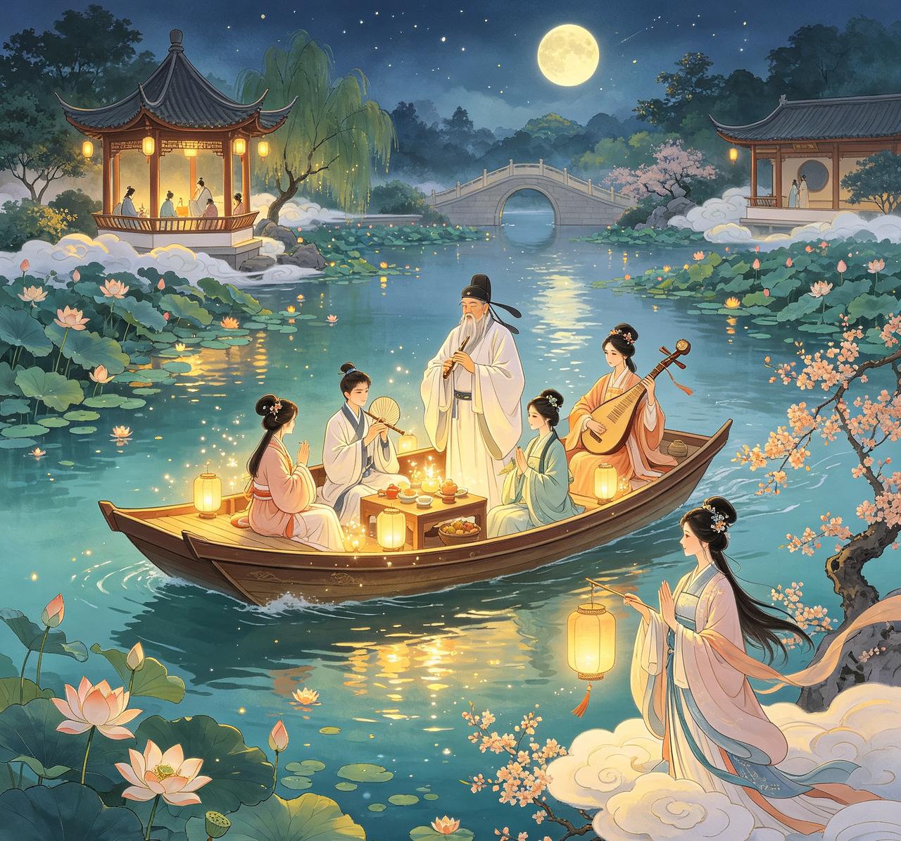 清朝时，武林世家子弟曹柳平园中数十亩大池遍植荷菱。临近中秋一夜，月明如昼。曹柳平