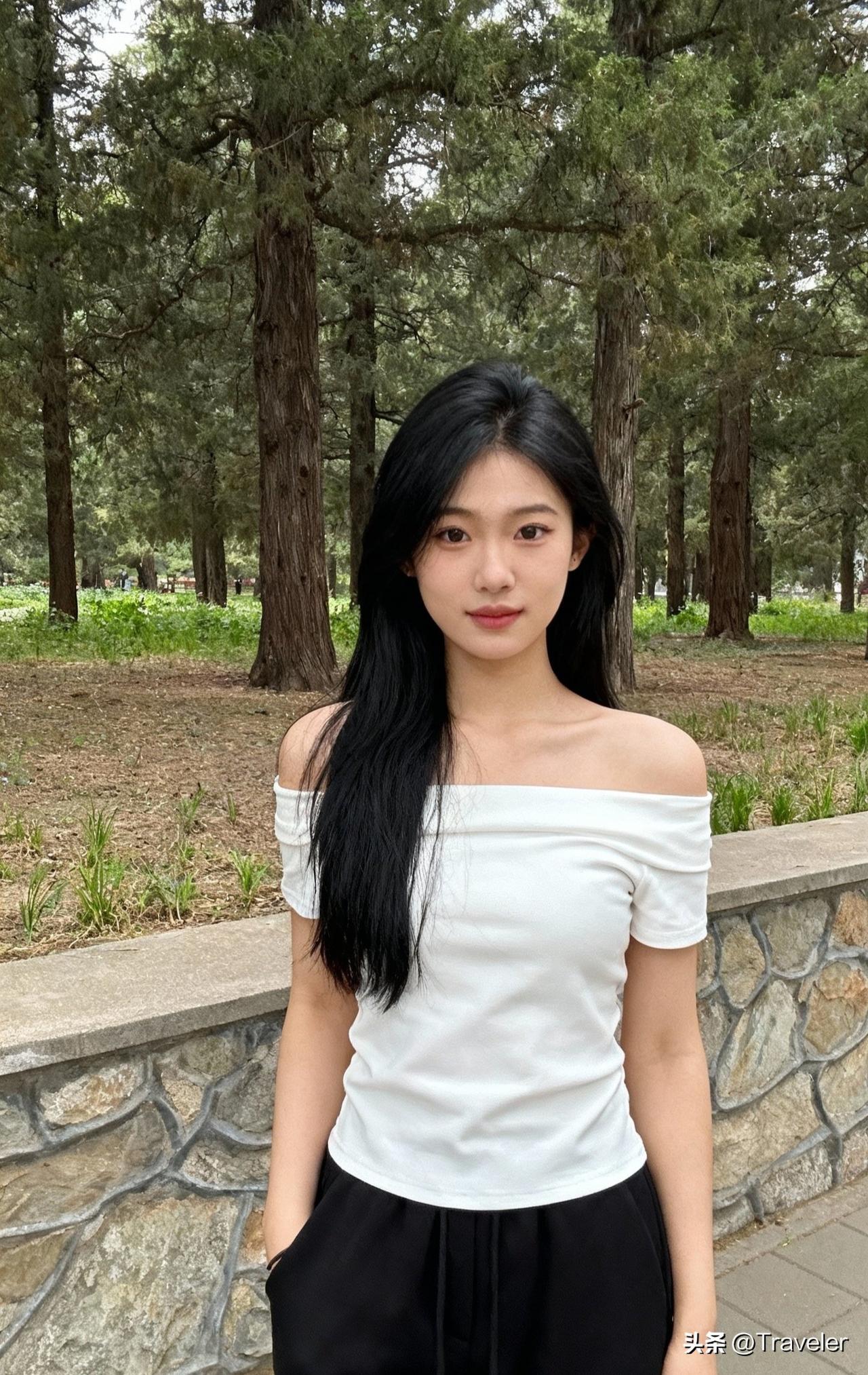 绿树掩映下，美人倚石墙。