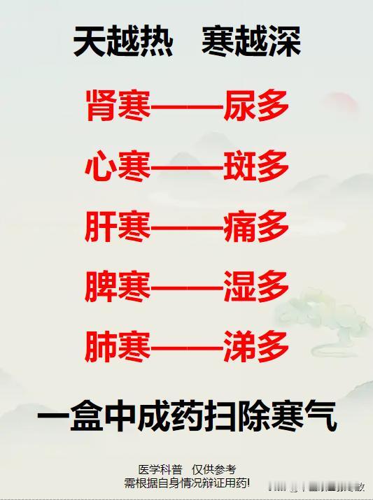 天越热，寒越深，一盒中成药扫除寒气
肾寒——尿多，心寒——斑多，肝寒——痛多，脾