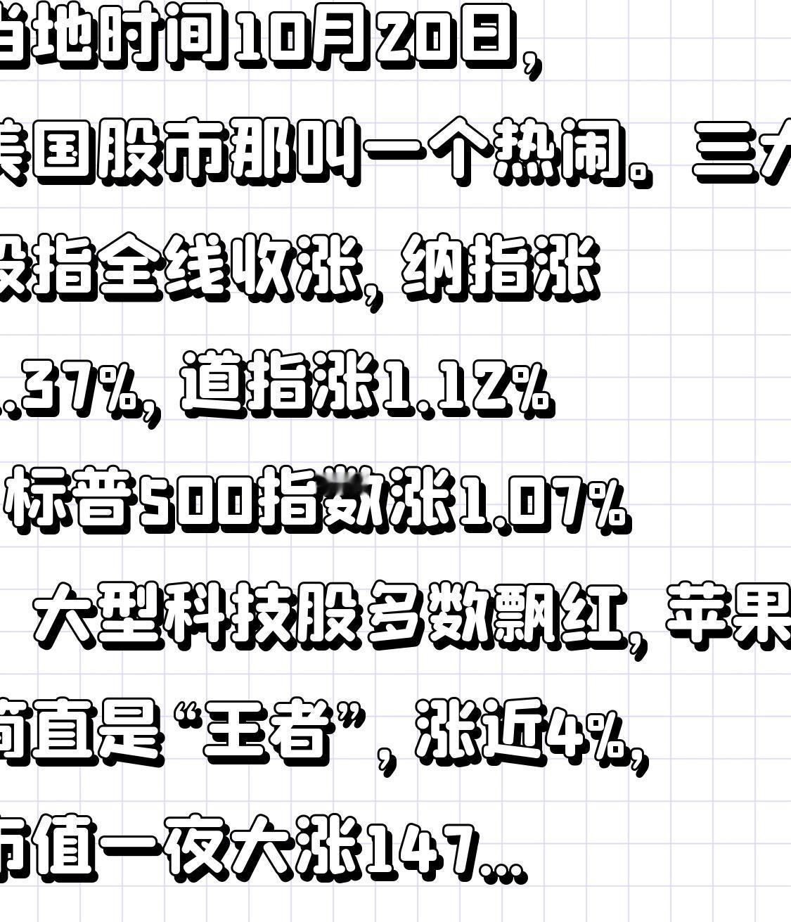 当地时间10月20日，美国股市那叫一个热闹。三大股指全线收涨，纳指涨1.37%，