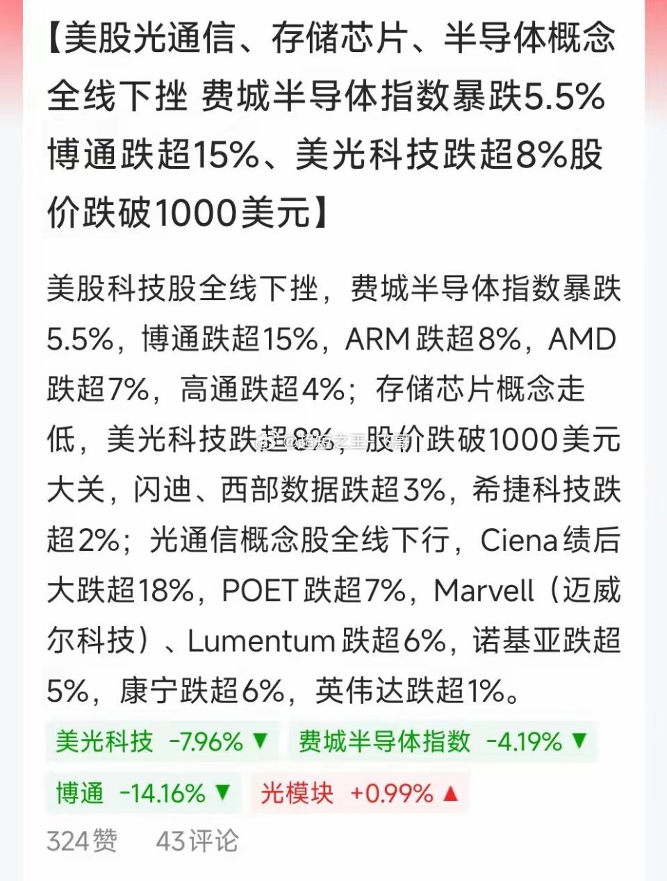 今晚美股半导体科技大跌，博通暴跌15%，美光科技跌超7%，AMD大跌近6%，英特