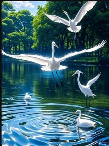 晴日里的湖畔，成了白鹭的乐园。澄澈的湖水漾着层层涟漪，几只白鹭或振翅翩飞，羽翼舒