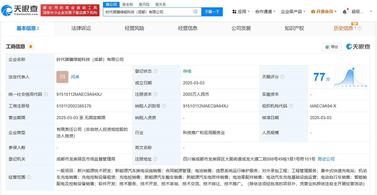 宁德时代在成都成立绿能科技公司 注册资本2000万
天眼查App显示，近日，时代