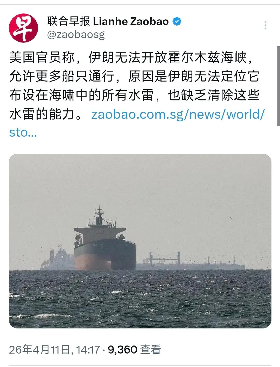 联合早报网引用美国官员的话，为什么美国去清理霍尔木兹海峡？