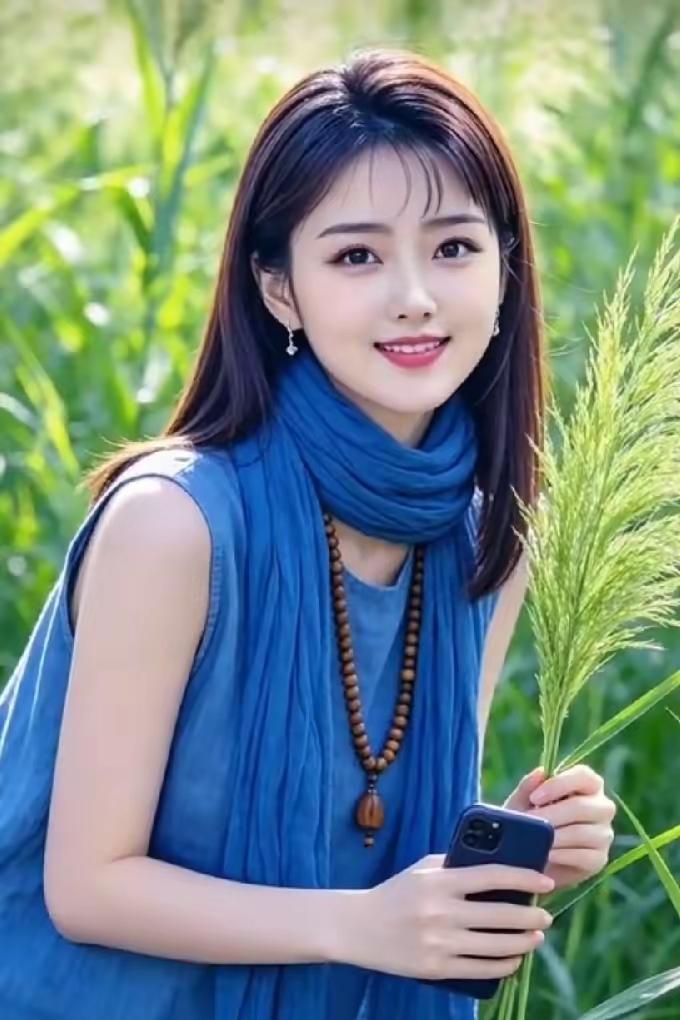 女孩在草地上拿着手机，微笑着看镜头。