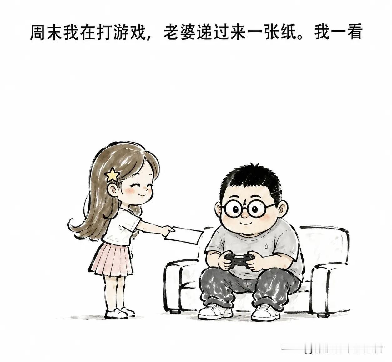 幽默漫画分享：周末我在打游戏，老婆递过来一张纸。我一看，上面写着：擦地、洗碗、晾